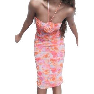 Zara Blogger Favorite Printed Tulle Floral Halter Sheer Dress, Pink Orange sz L